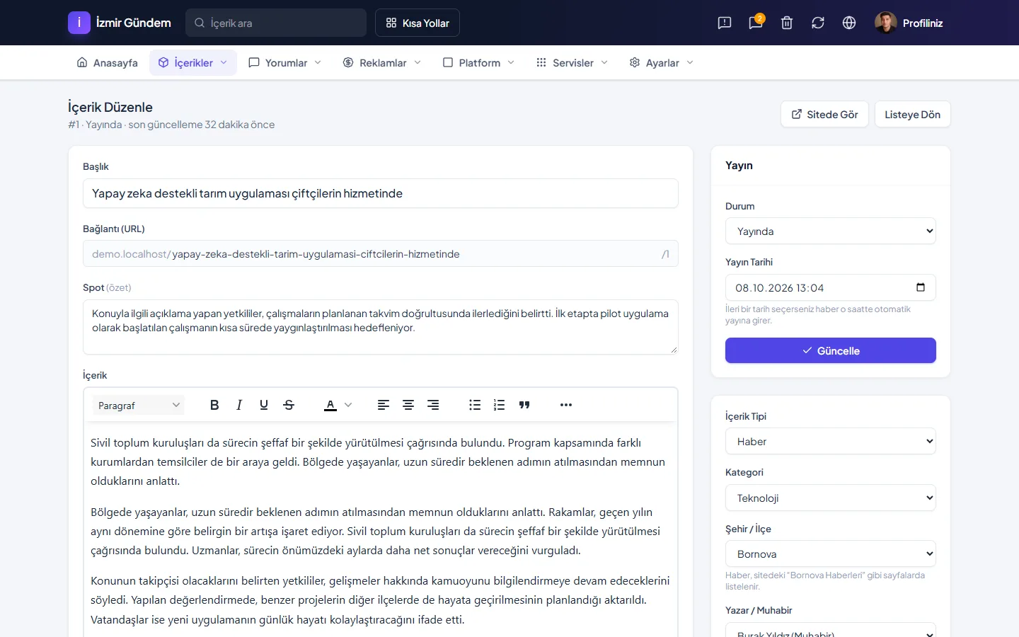 GazeteKur haber düzenleme ekranı