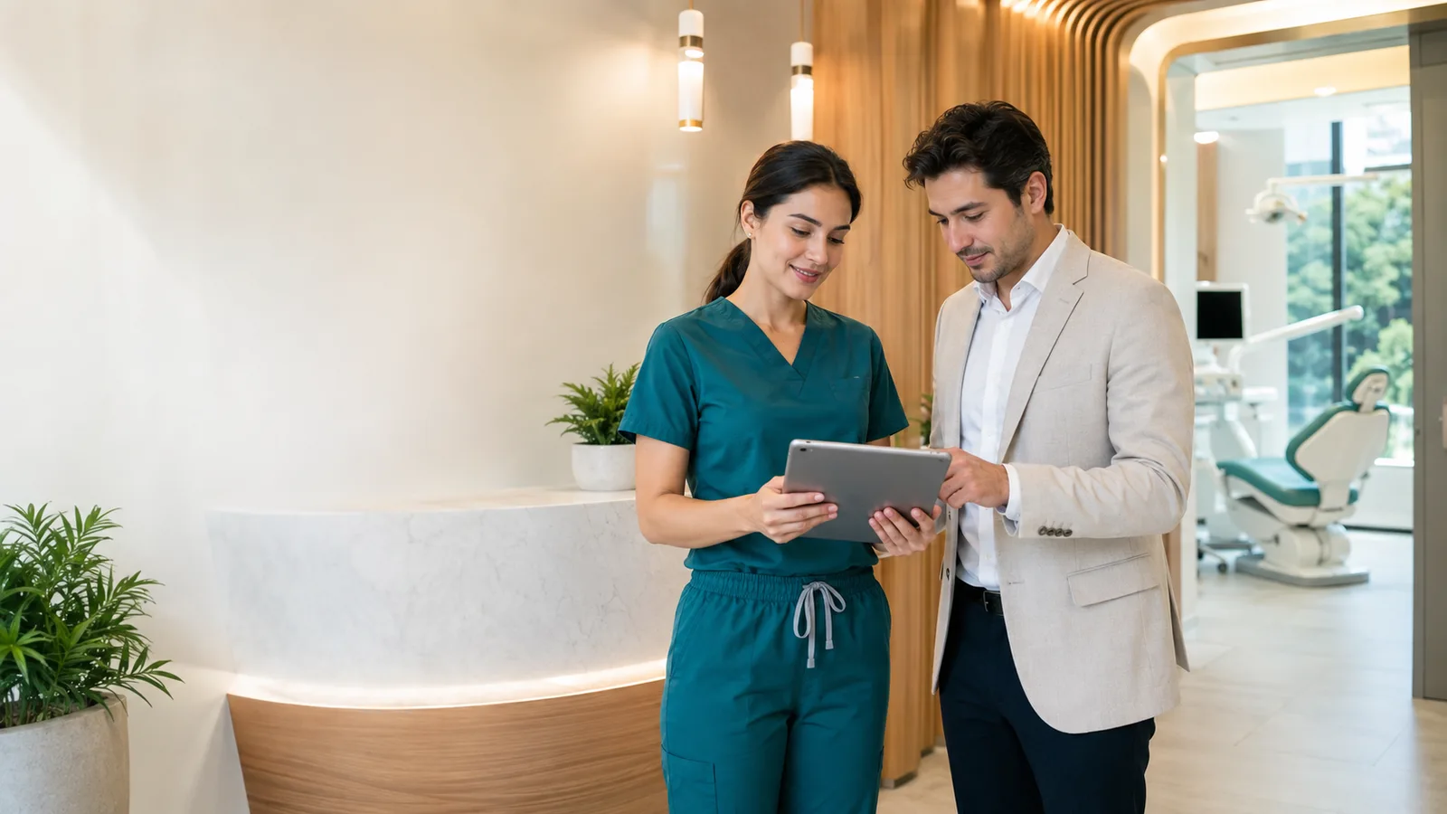 A dentist and clinic coordinator reviewing appointment and treatment information on a tablet in a modern dental clinic