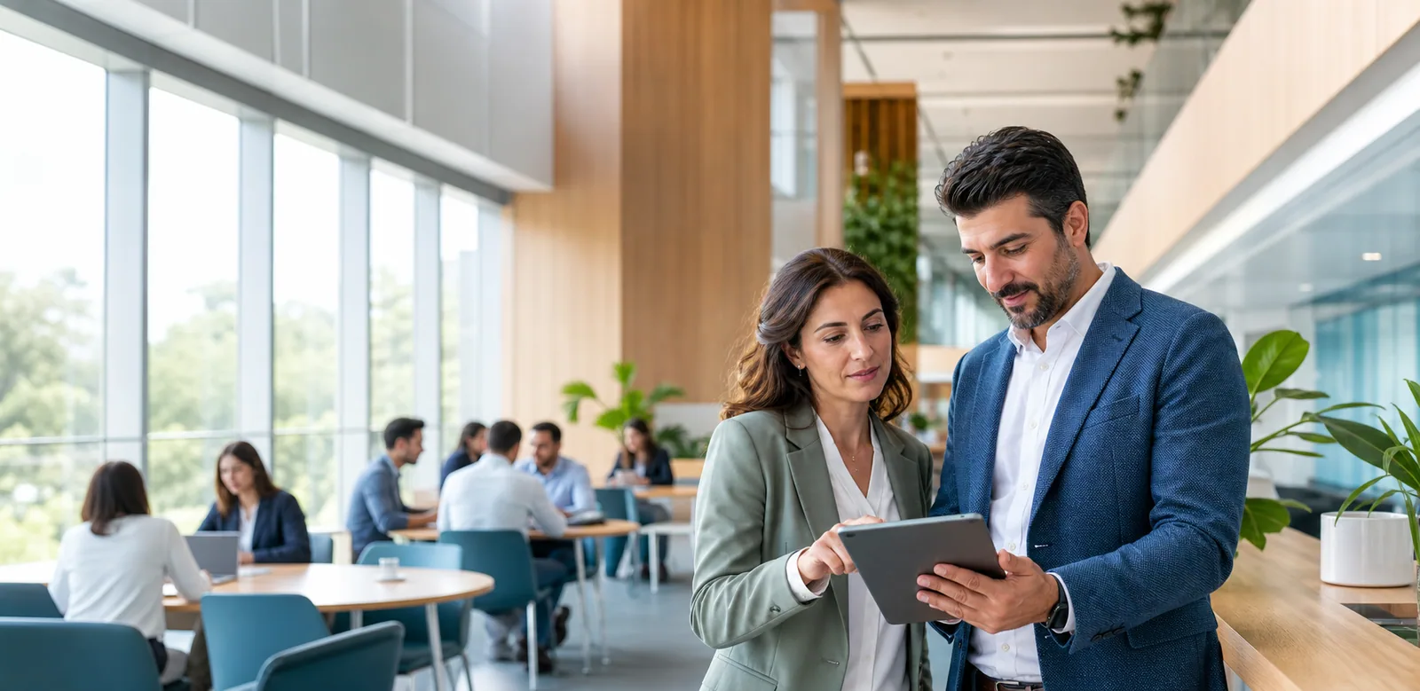 Two education professionals reviewing program information in a modern learning environment