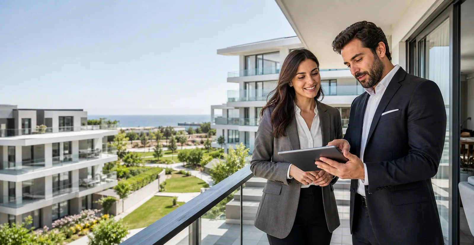 Two real estate professionals reviewing portfolio information at a modern residential development