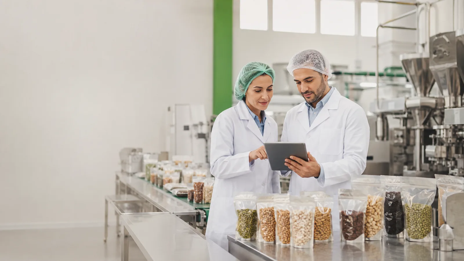 Two food professionals reviewing product and production information on a tablet in a modern food manufacturing facility
