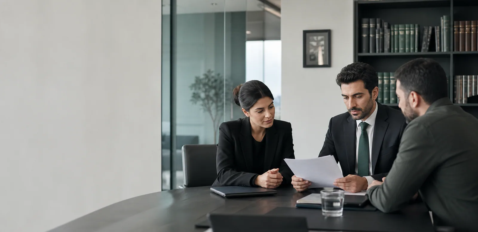 Two legal professionals reviewing a document with a client in a modern law office