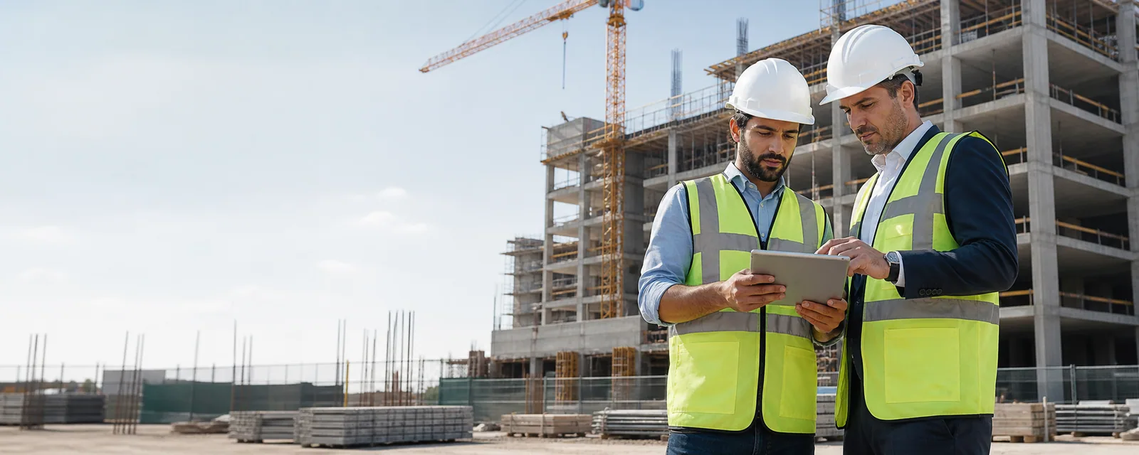 Modern bir inşaat sahasında dijital proje planını inceleyen iki inşaat profesyoneli