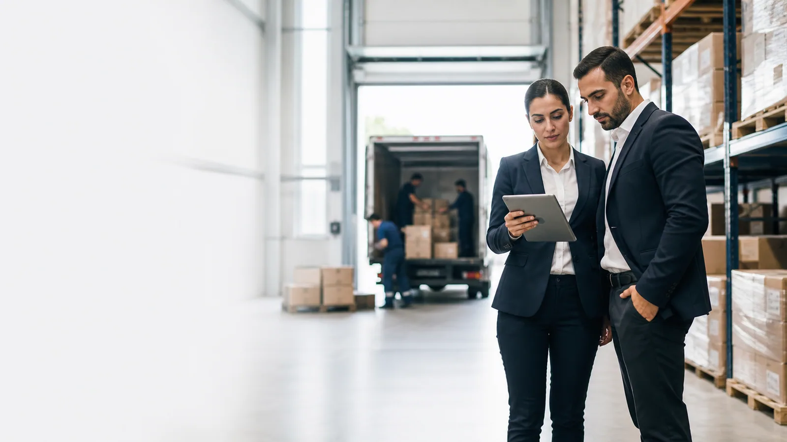 Logistics managers reviewing shipment data at a distribution hub