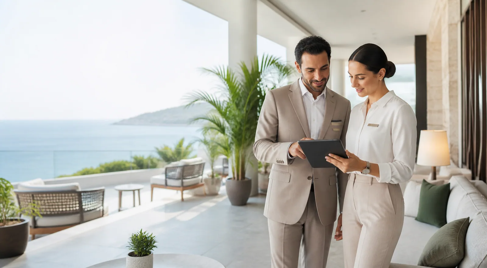 Two hotel professionals reviewing the booking experience at a modern coastal hotel