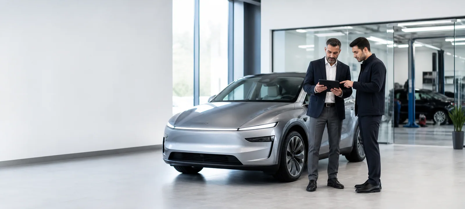 Two automotive professionals reviewing vehicle information in a modern showroom
