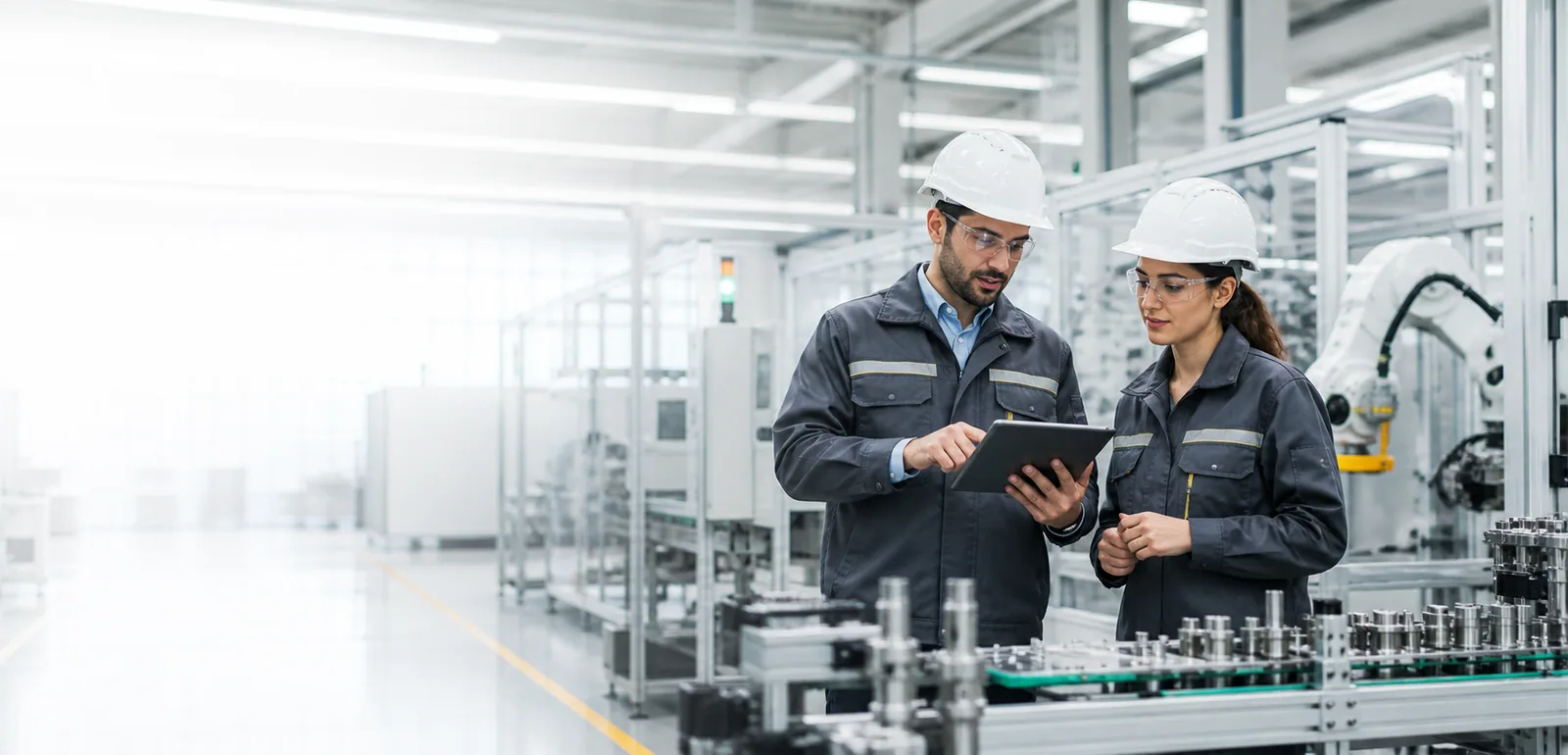 Two engineers reviewing production data in a modern manufacturing facility